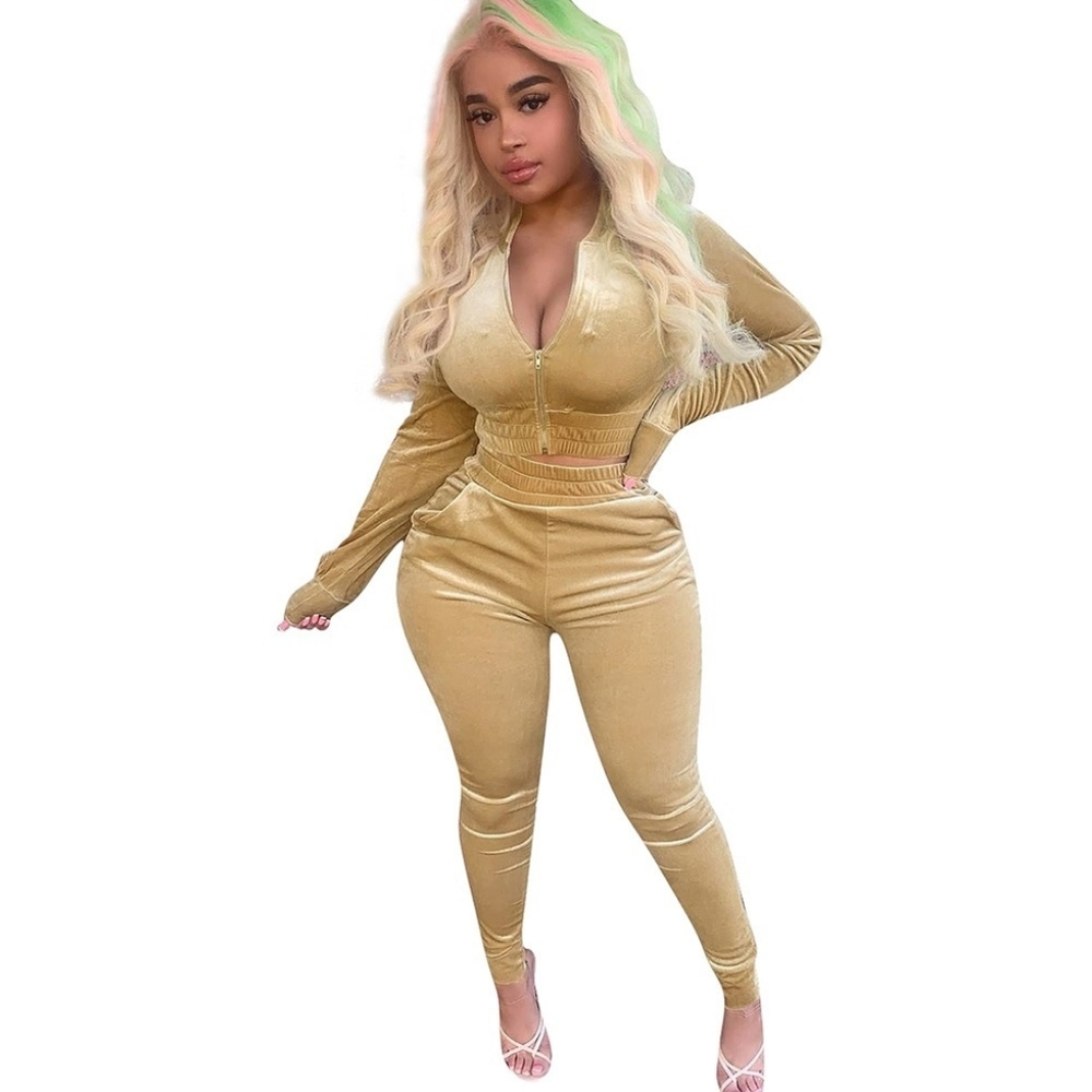 Gold velour jogger with crop jacket